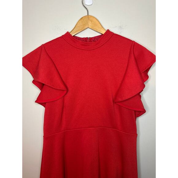 Anthropologie Maeve Deena Mini Dress Ruffle Sleeve Red Small Holiday Party - Picture 2 of 8